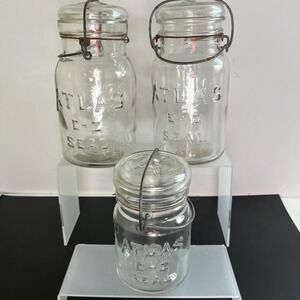 Vtg Atlas E-Z Seal 2 Quart 1 Pint Clear Mason Jars Wire Bail Glass Lid xtra wire